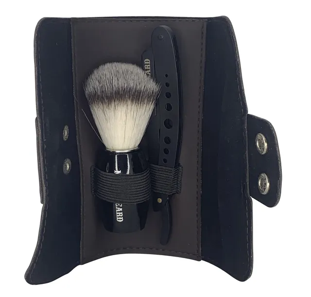 man-s-beard-kit-wallet-marron-shavette-blaireau image 1