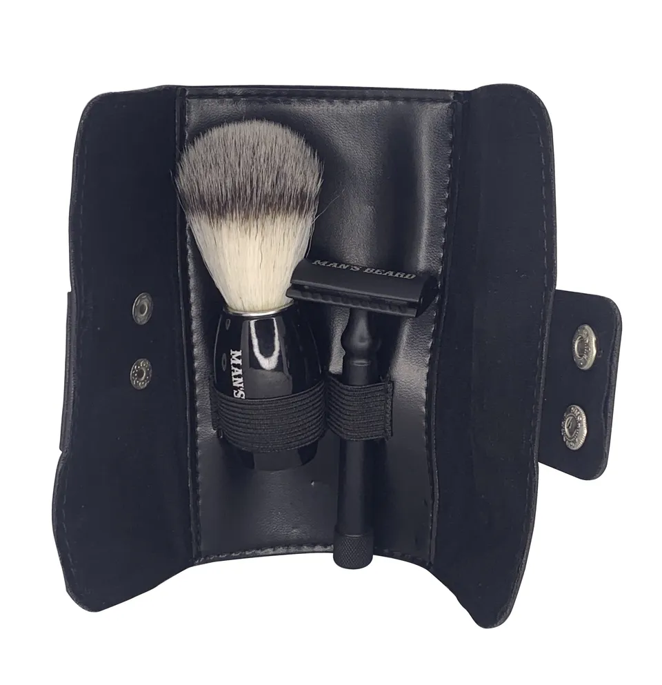 man-s-beard-kit-wallet-noir-rasoir-blaireau-rasage-pr-cis image 1